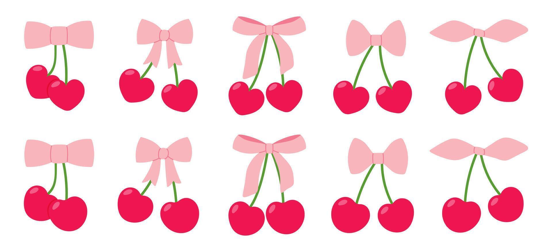 Set of cute original and heart shaped cherries with various pink ribbon bows. Flat illustration vector