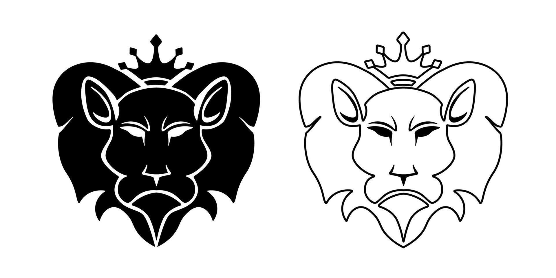 Lion heads with corona. Leo black emblems. Luxury dark tattoo. vector