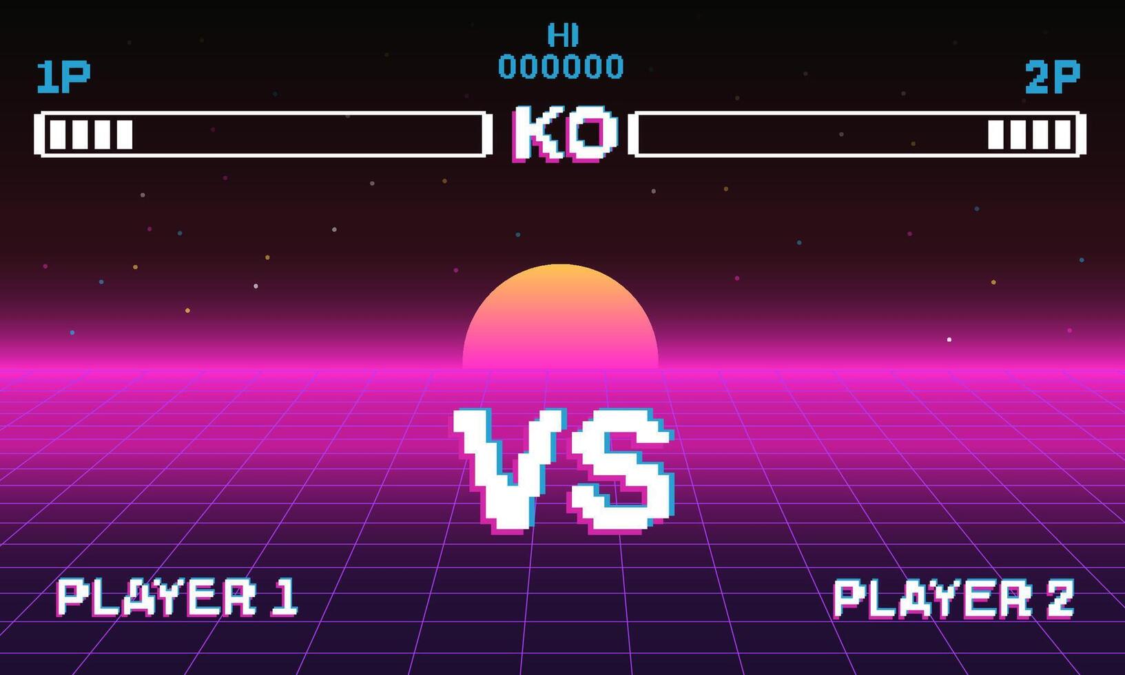 Fight retro game interface in pink style with white VS icon in pixel. vector