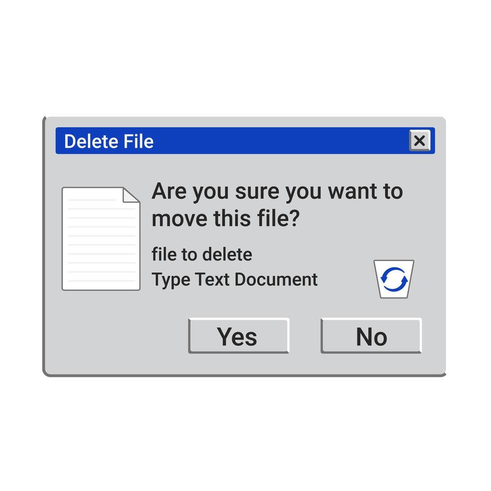 Retro delete file message. Recycling bin window. Remove text document. vector