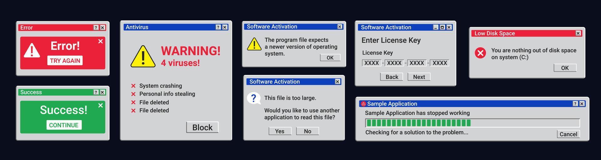 Retro system error message with gradient . Warning message Retro system error message with gradient . Warning message