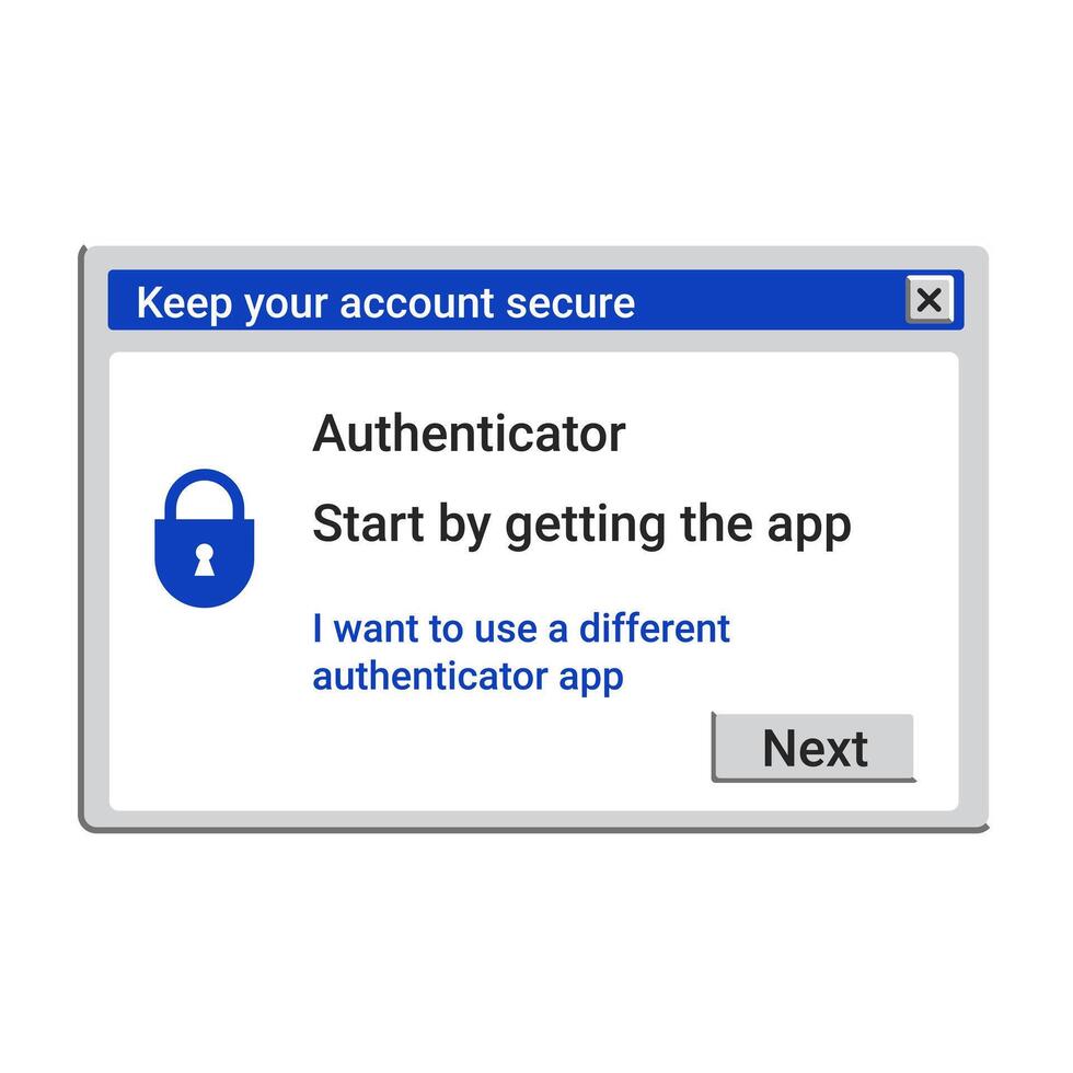 Old authenticator window in blue color. Retro program message. vector