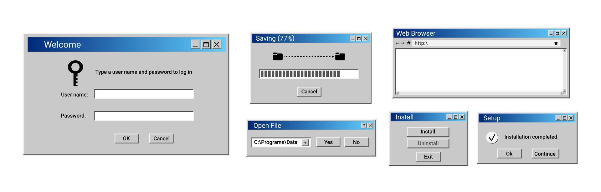 Old user interface windows. Retro loading window. Open file panel in blue. vector