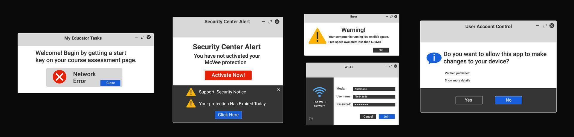 Security center alert popup. The wifi network interface. User account control. vector