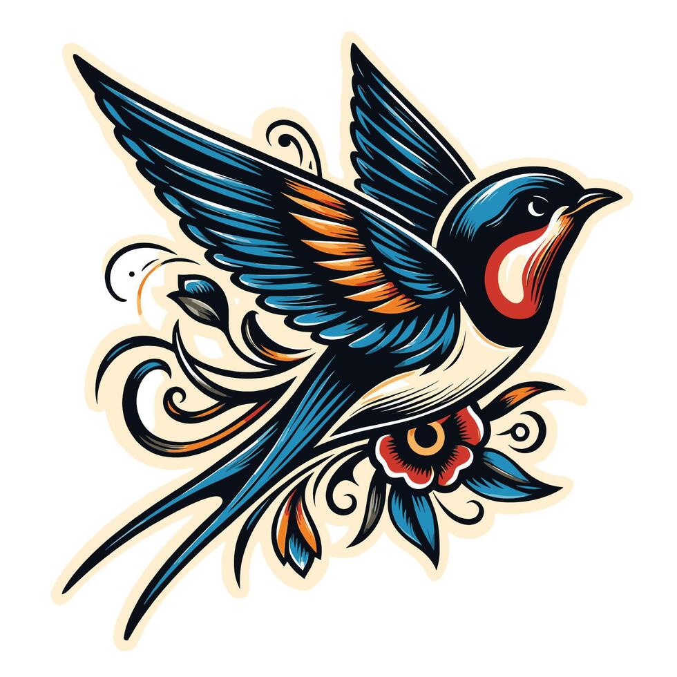 Tattoo style illustration of a swallow with flowers vector