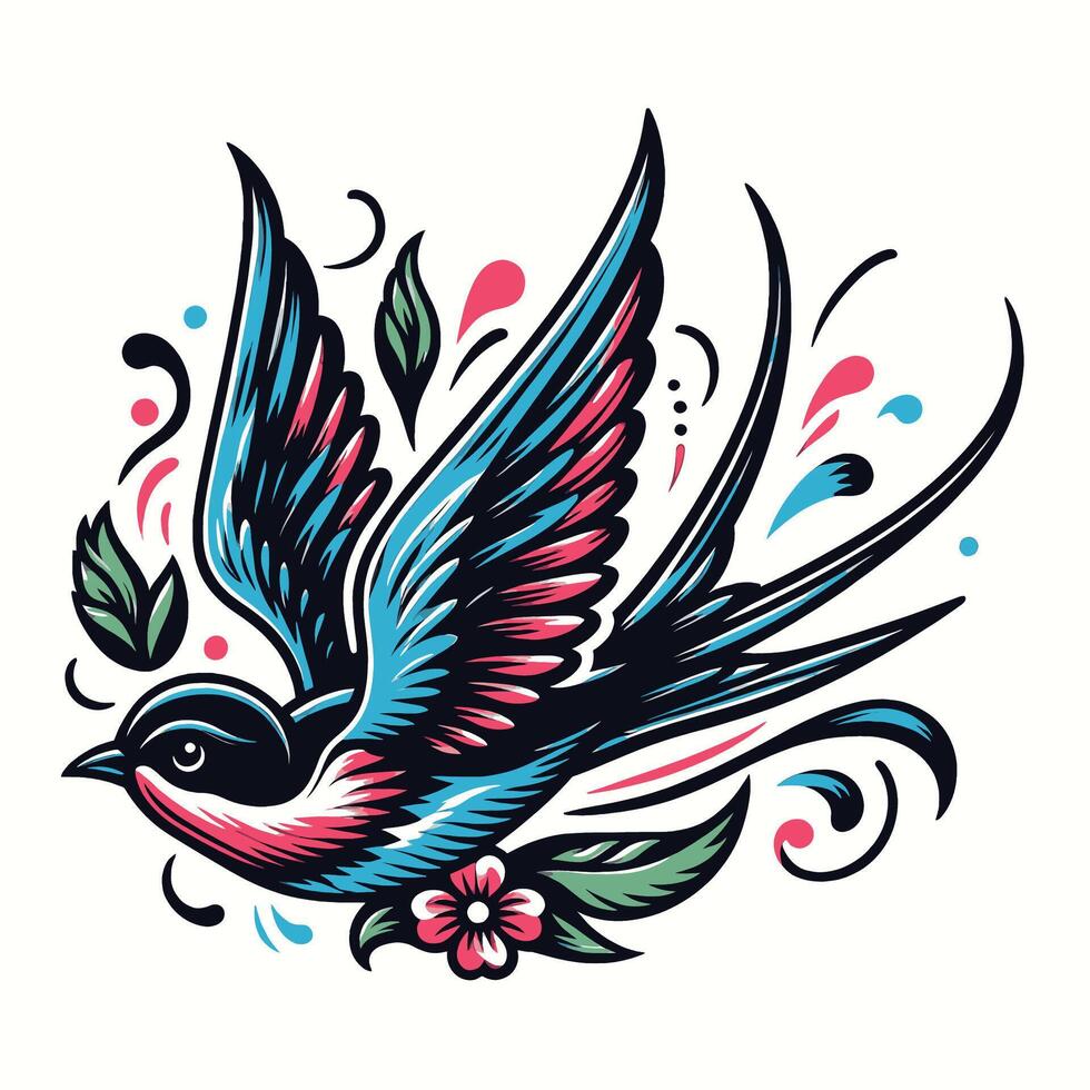 A tattoo style bird with flowers and leaves vector