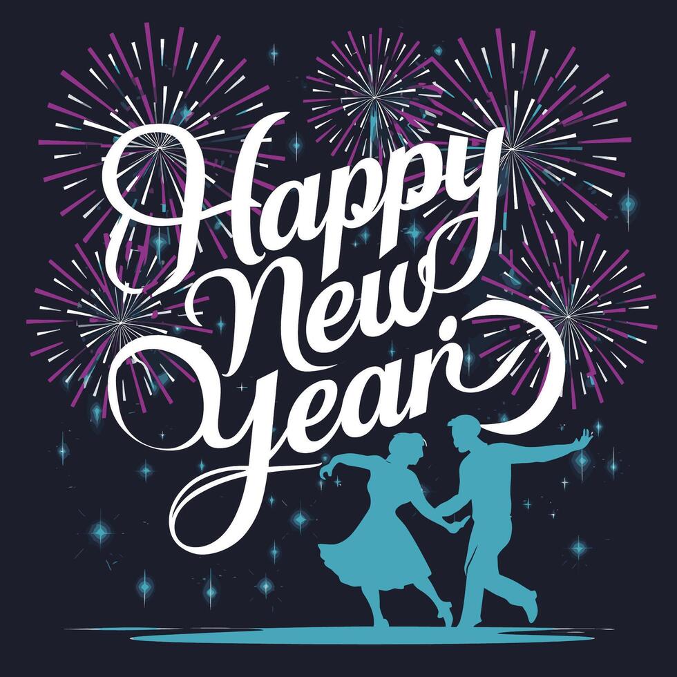 Happy new year card with couple dancing and fireworks vector