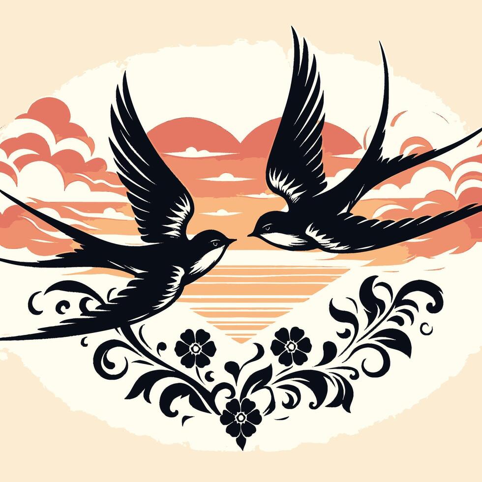 Two birds flying over a heart with flowers vector