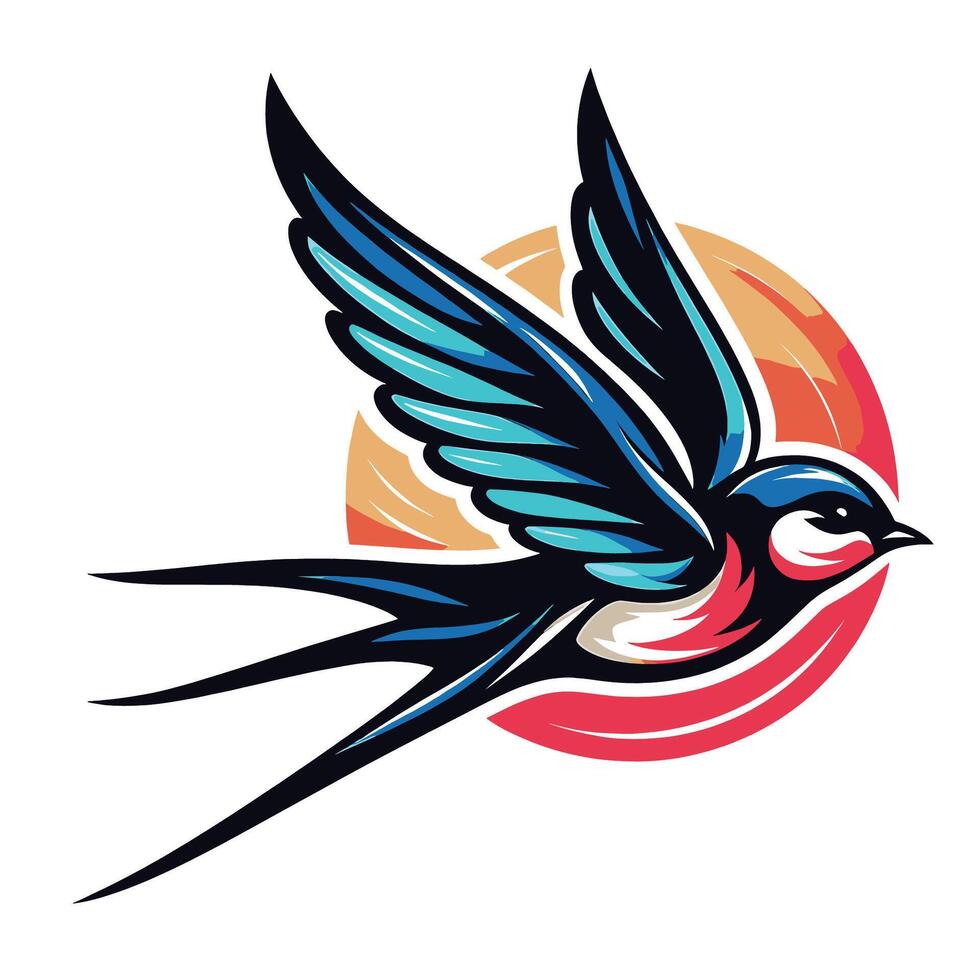 A colorful swallow flying in front of a sun vector