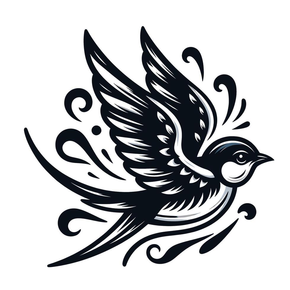 A black and white illustration of a bird flying vector