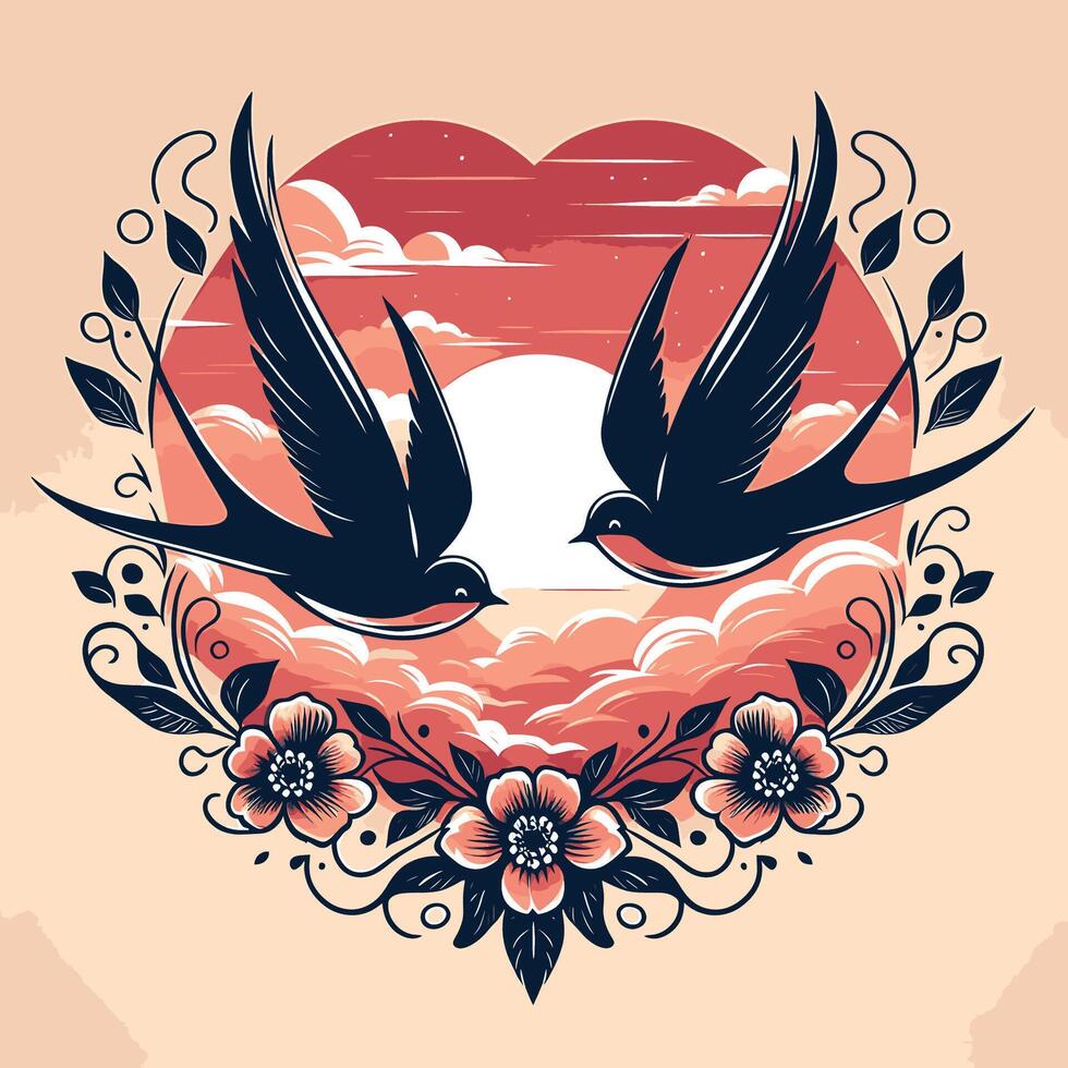 Two birds in a heart with flowers and clouds vector