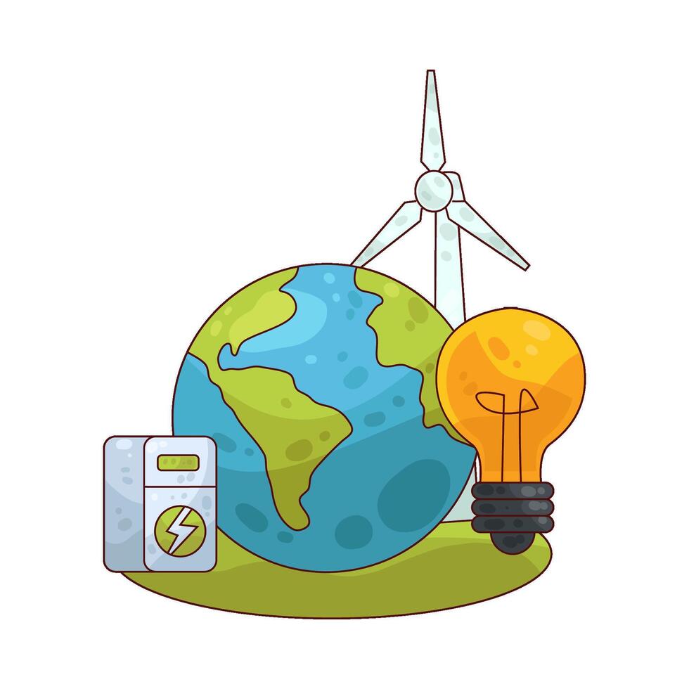 earth with windmill and lightbulb vector