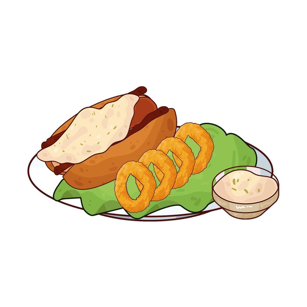 illustration of Delicious cheese Hotdog and onion rings vector