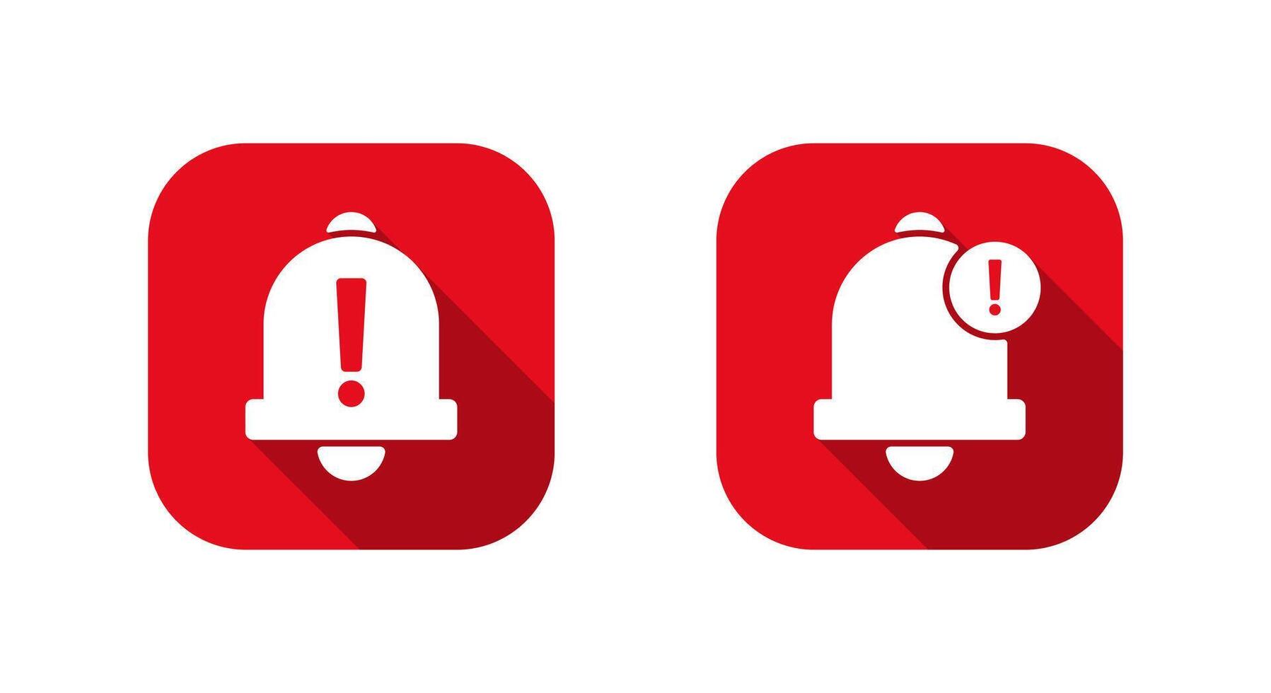 Warning notification bell icon on red square. Exclamation mark on bells vector
