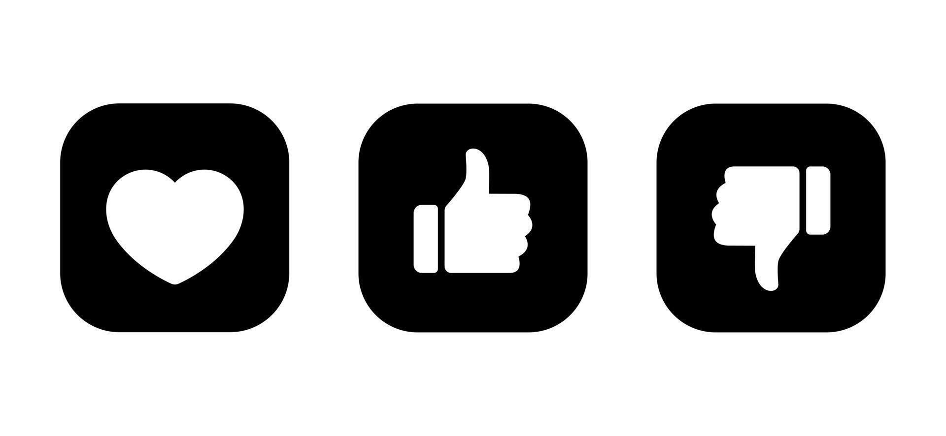 Love, like, and dislike icon on black square. Heart, hand thumb up and down illustration vector
