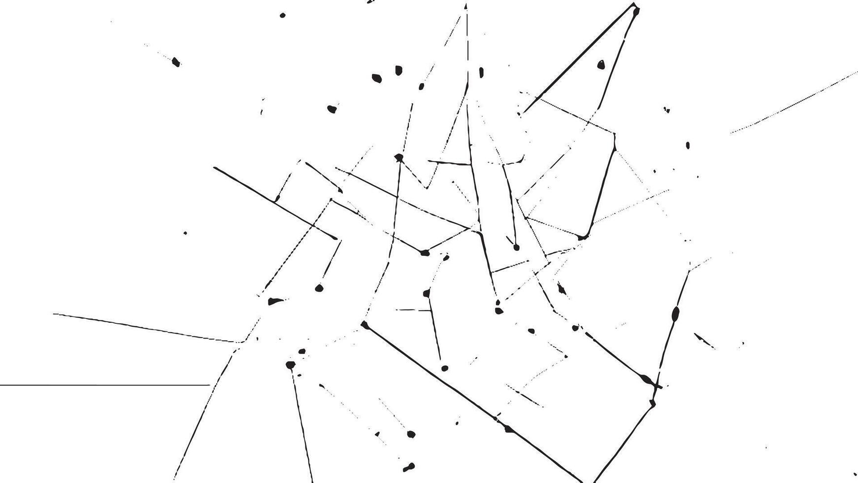 A distressed monochrome abstract texture pattern featuring irregular intersecting lines with dots and junctions in black and white vector