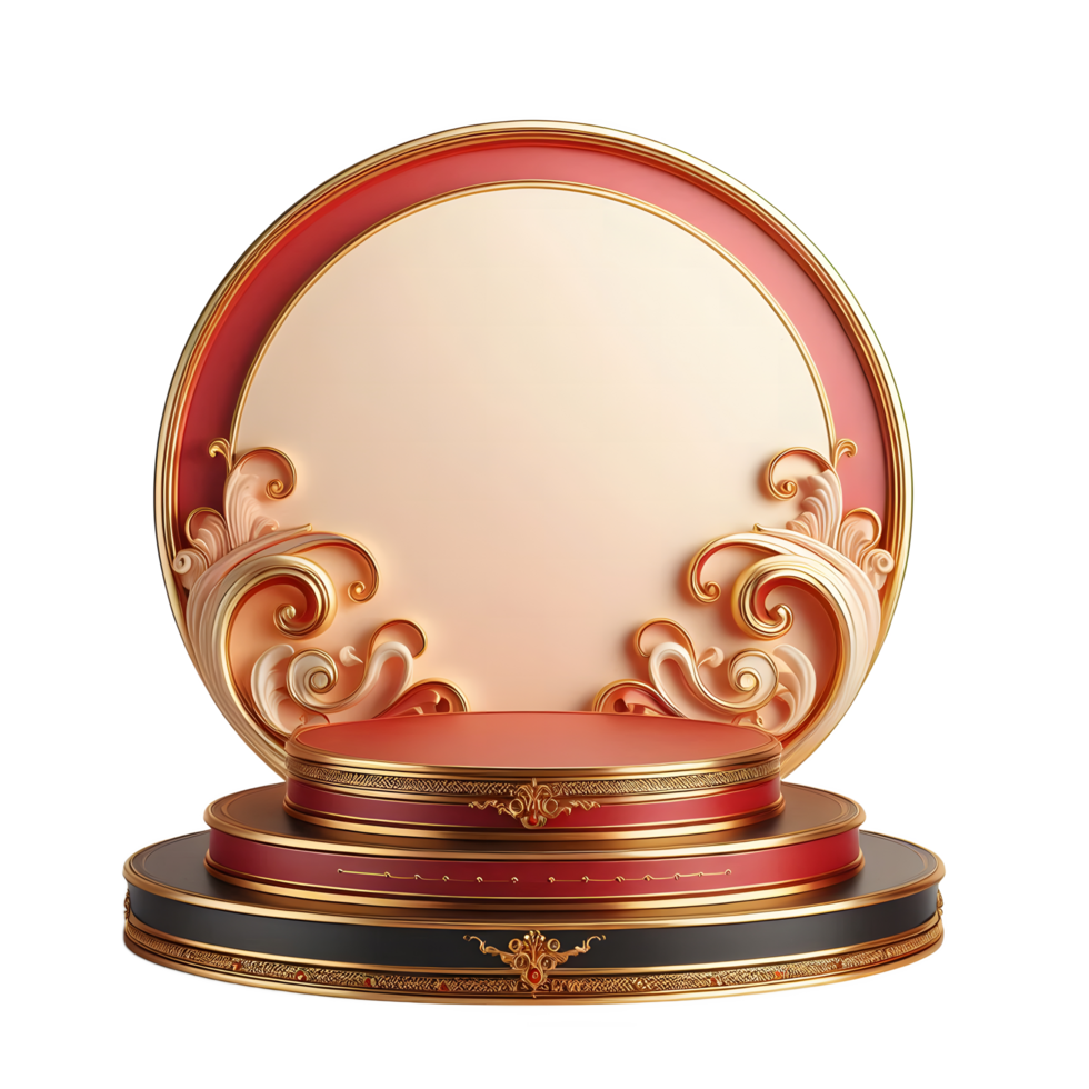 A round plate with a gold frame and red and black design png