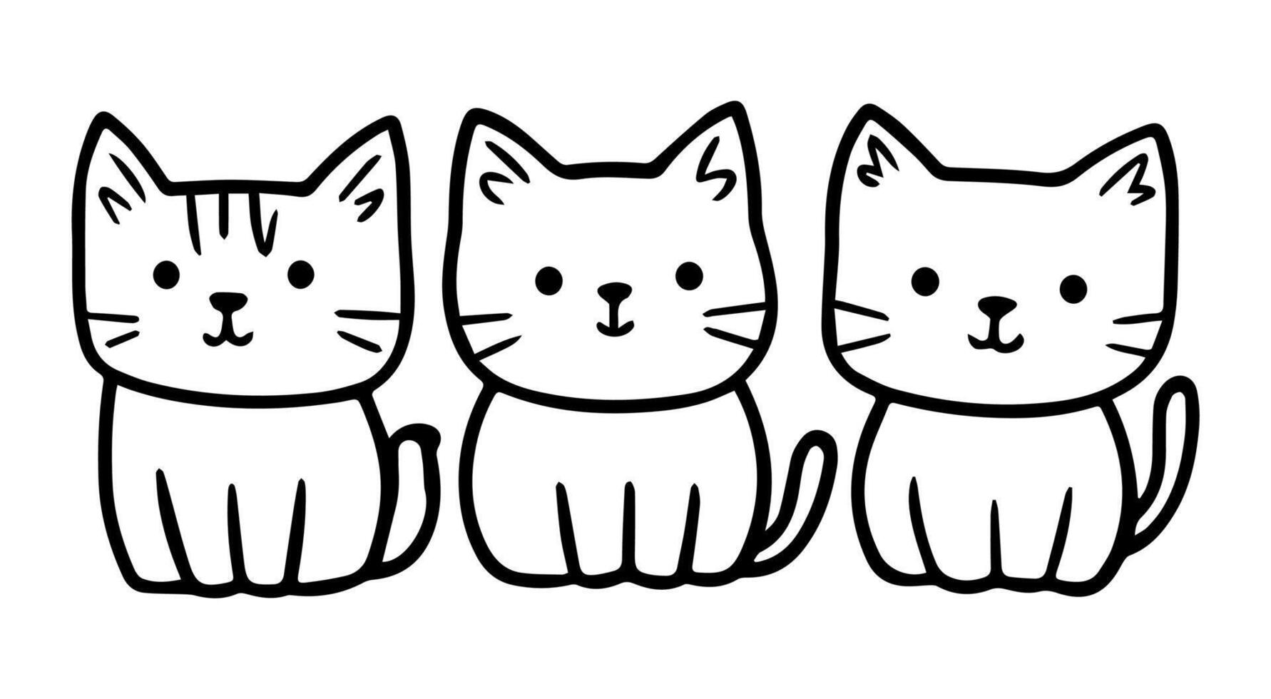 Three cats outline illustration. Cartoon kitten sitting art. vector
