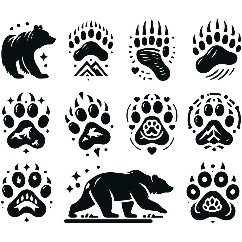 Bear footprints and paw prints icons set vector