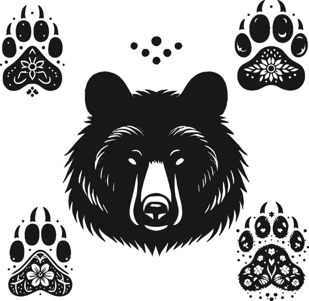 Bear head and paw prints illustration vector