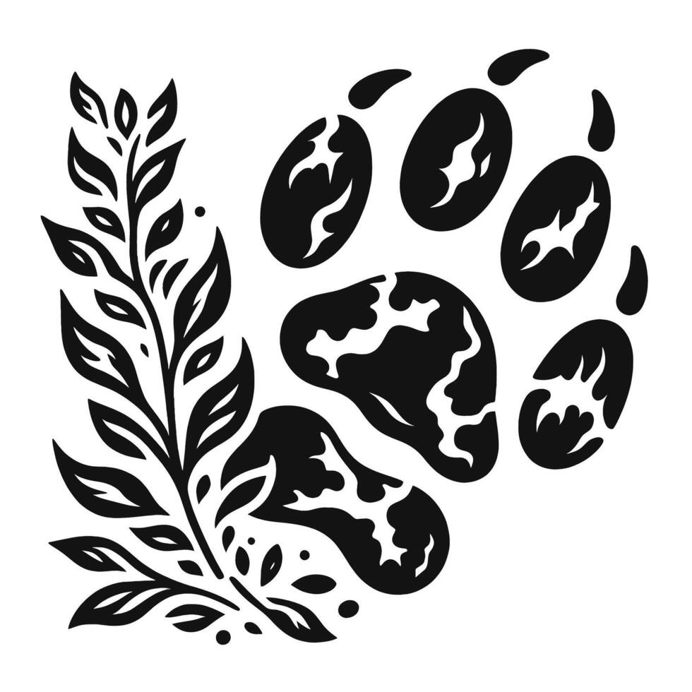 A black and white illustration of a paw print with leaves vector