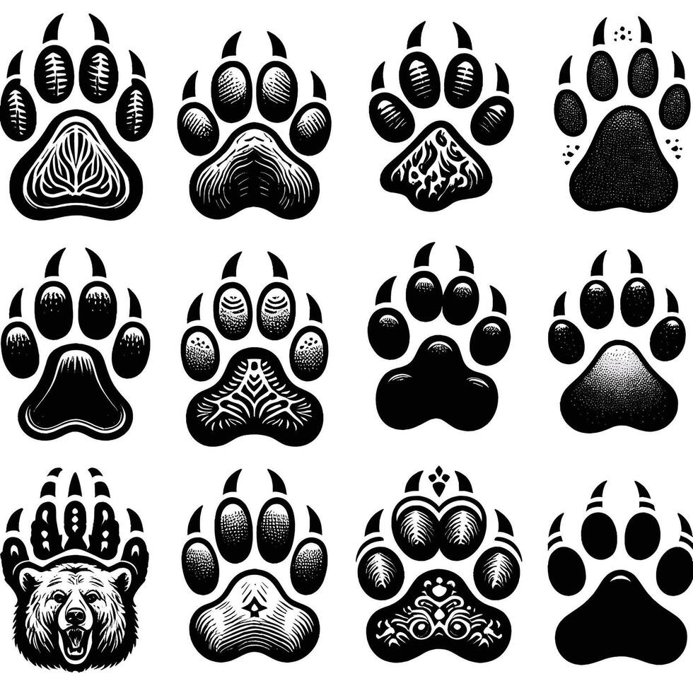 A set of black and white bear paw prints vector