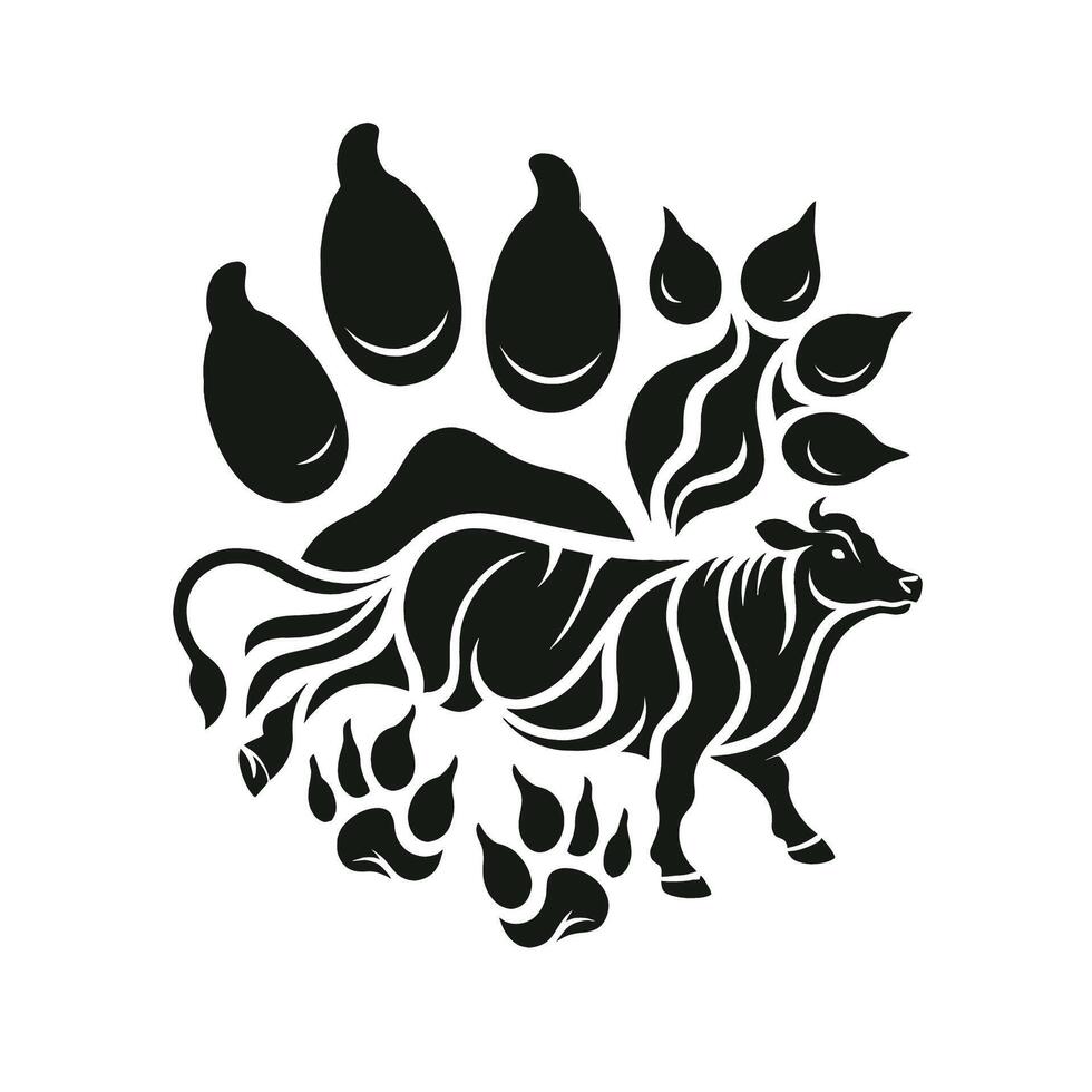 A black and white logo of a cow with leaves vector
