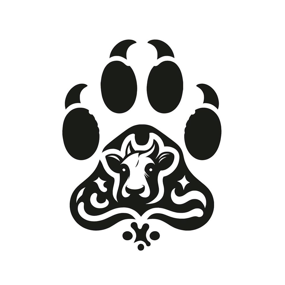 A black and white logo of a cow with a paw print vector