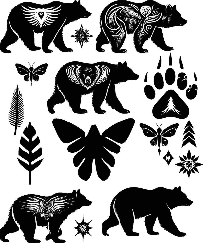 Set of bear and butterfly images vector