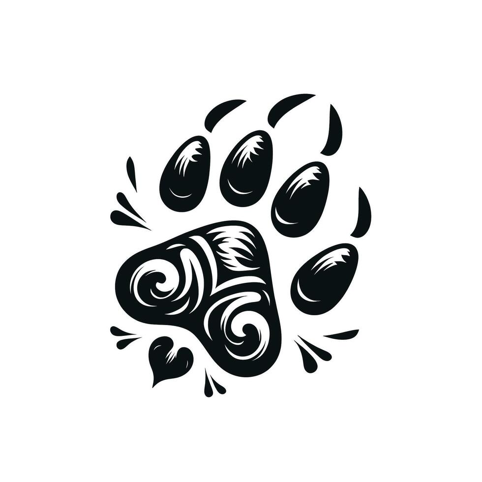 A black and white paw print with a heart vector