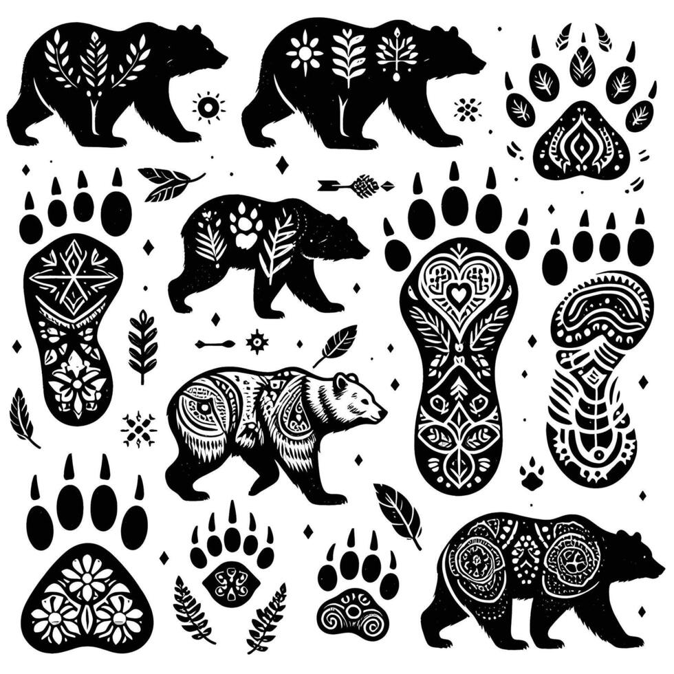 Set of bear paw prints and footprints in tribal style vector