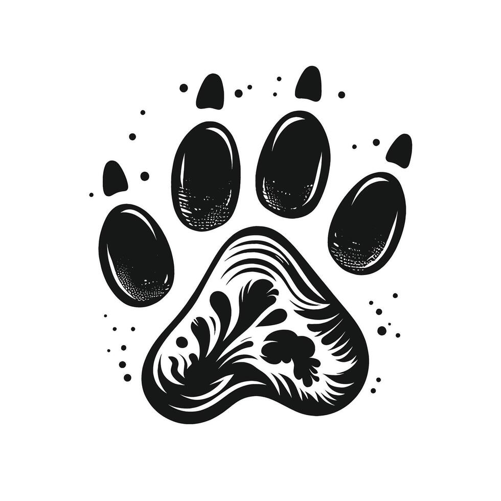 A black and white paw print with a flower vector