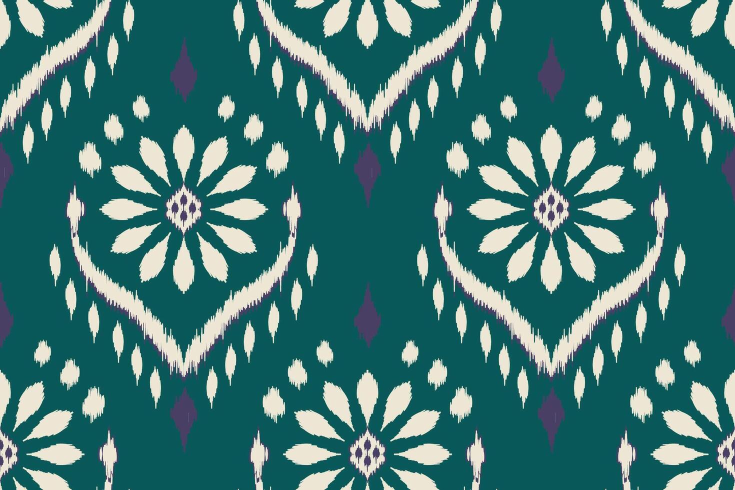 Seamless blue, green and white ikat fabric pattern with ethnic motifs, perfect for bohemian decor, textiles, wallpaper or fashion design. vector