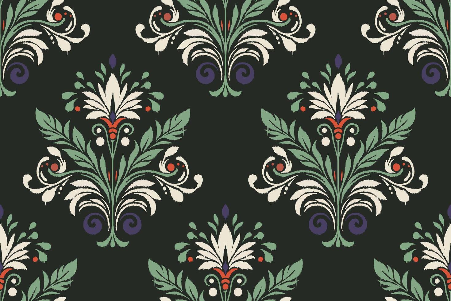 Elegant floral Ikat seamless pattern in green, red, and white on black background vector