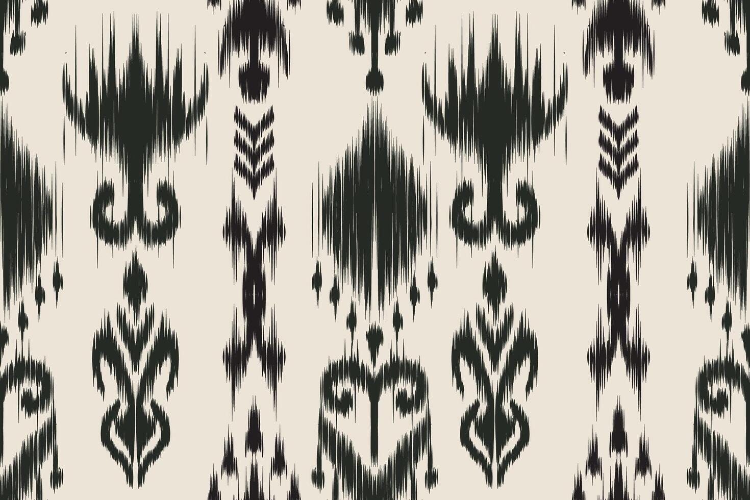 Seamless ethnic ikat pattern in black and cream with tribal geometric motifs. Ideal for textile design, wallpapers, traditional ethnic fabric inspiration, and fashion prints with a bohemian touch. vector