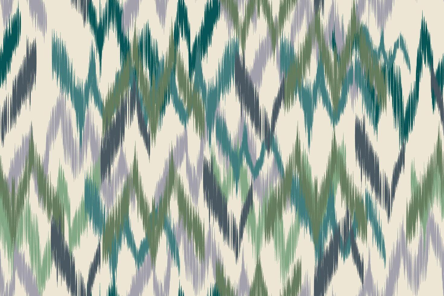 Bright ikat pattern with green, teal and grey zigzag elements on a cream background. Perfect for ethnic fabric designs, wallpapers and bohemian fashion prints in traditional style. vector