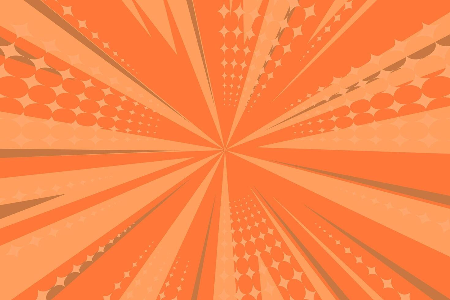 Abstract retro orange radial burst background with halftone dots and star elements, perfect for comic book style, pop art design, dynamic posters, banners, and vintage-themed graphic illustrations. vector