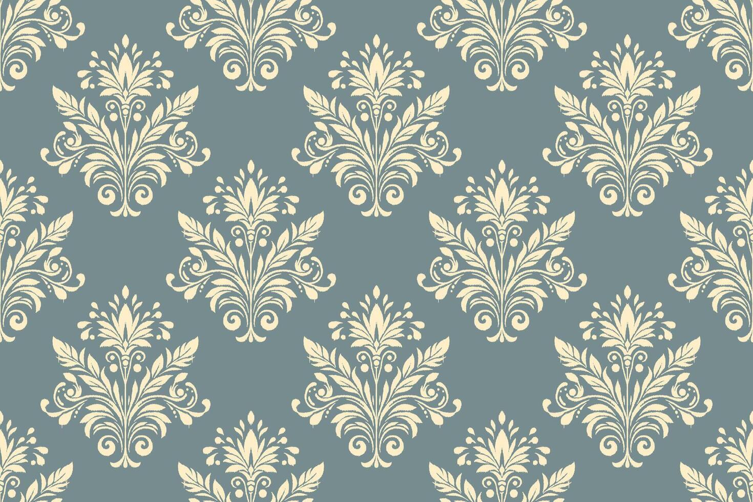 Traditional Ikat Pattern Seamless Design in Vintage Floral Style, Beige and Green Damask, Inspired by Southeast Asian Textile Art for Fabrics, Wallpapers, and Interiors vector