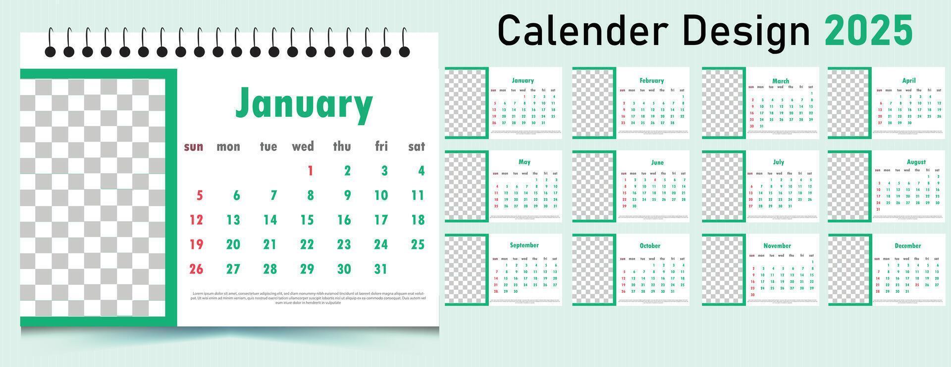 Calendar 2025 design template Planner the week starts on Sunday, Desk calendar template vector