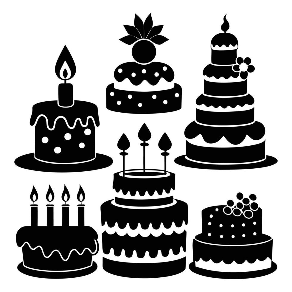 Birthday Cake Clipart Collection in Black Silhouette Style vector