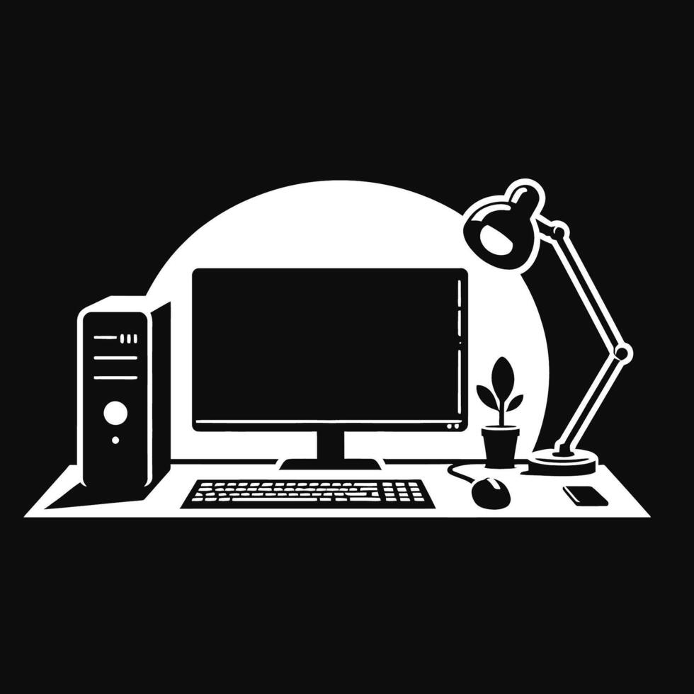 Computer desk with lamp and keyboard on black background vector