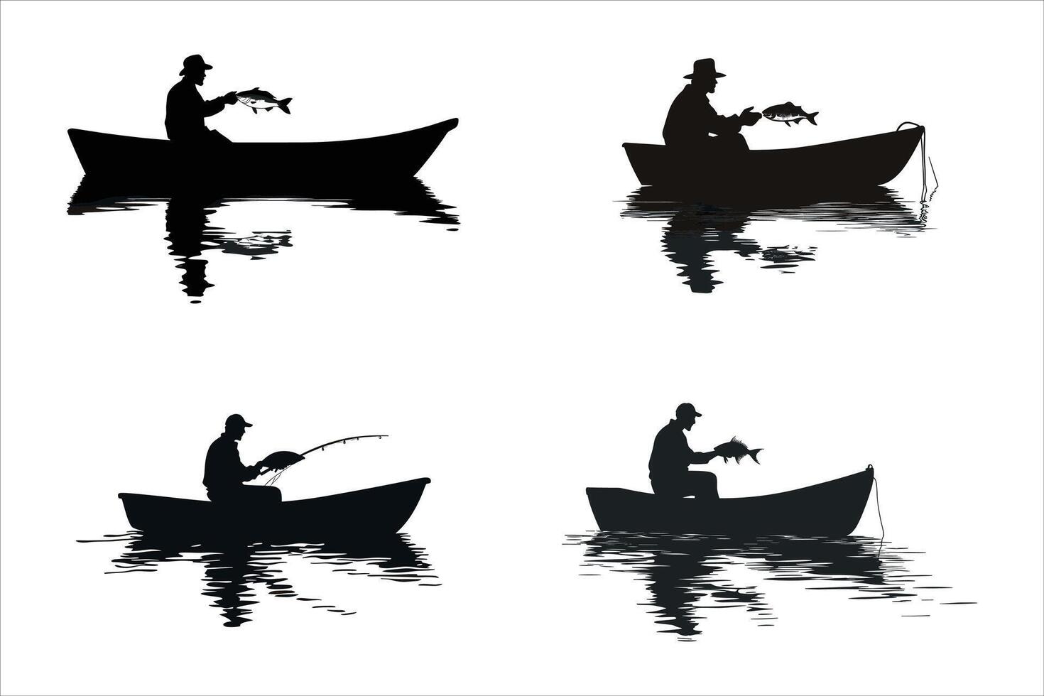 Fisherman silhouettes, Set of silhouette fisherman. Collection of fishing man on the waves and of the boat vector