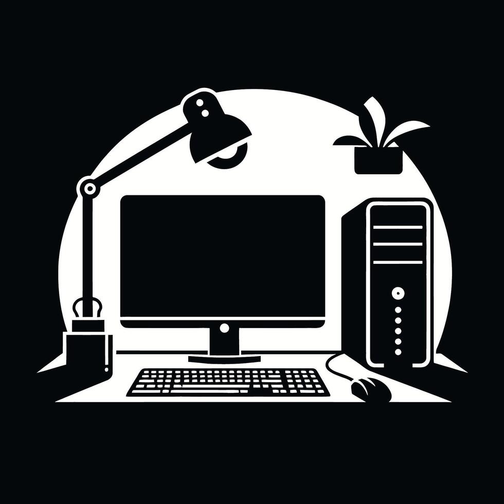 Computer desk with lamp and keyboard on black background vector