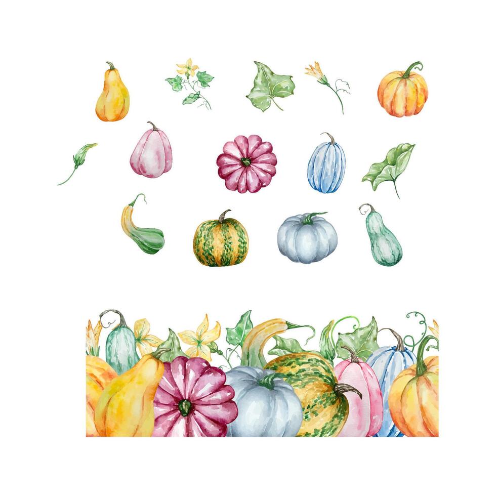 Watercolor autumn borders set with pumpkins and fall leaves vector