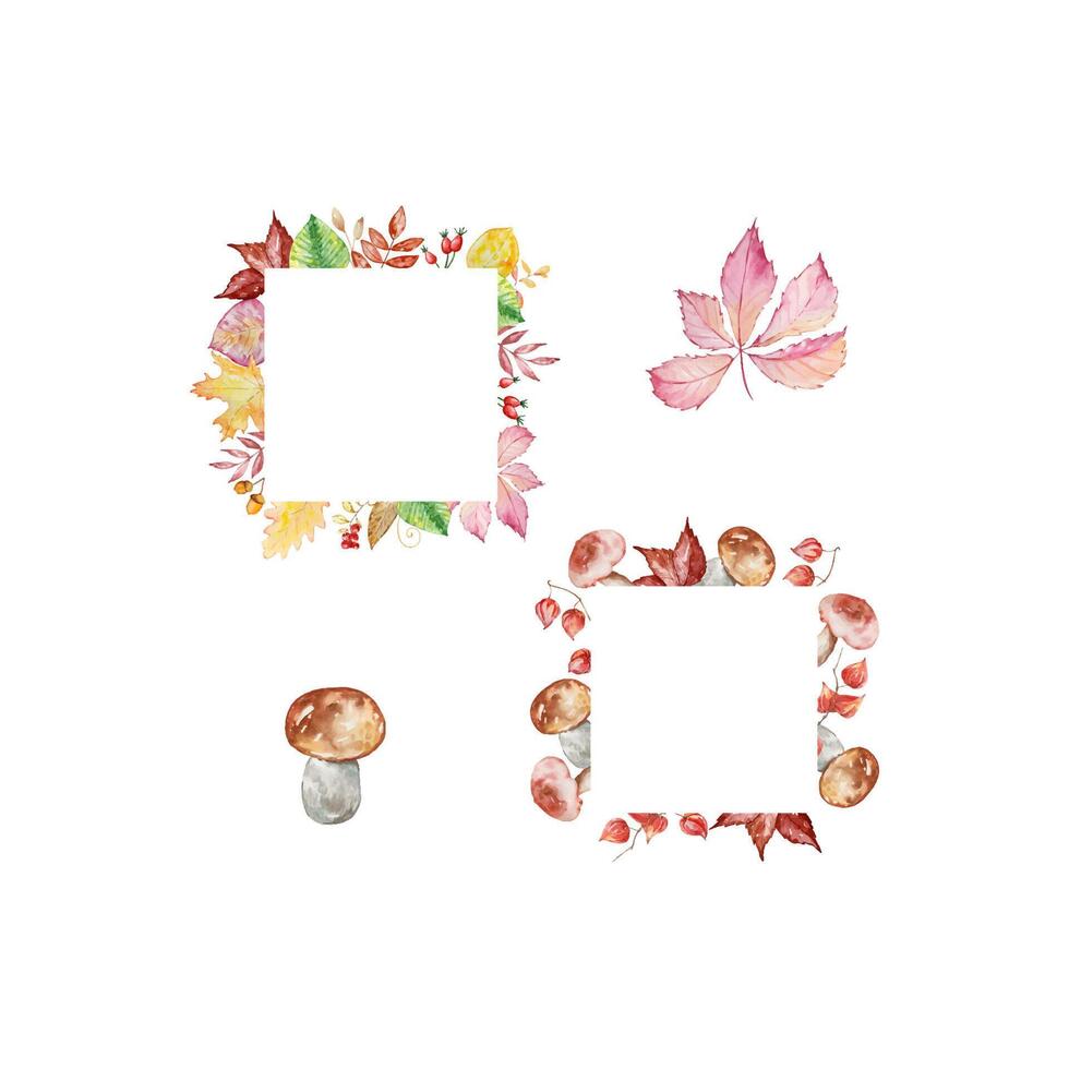 Watercolor autumn frames set with mushrooms and fall leaves vector