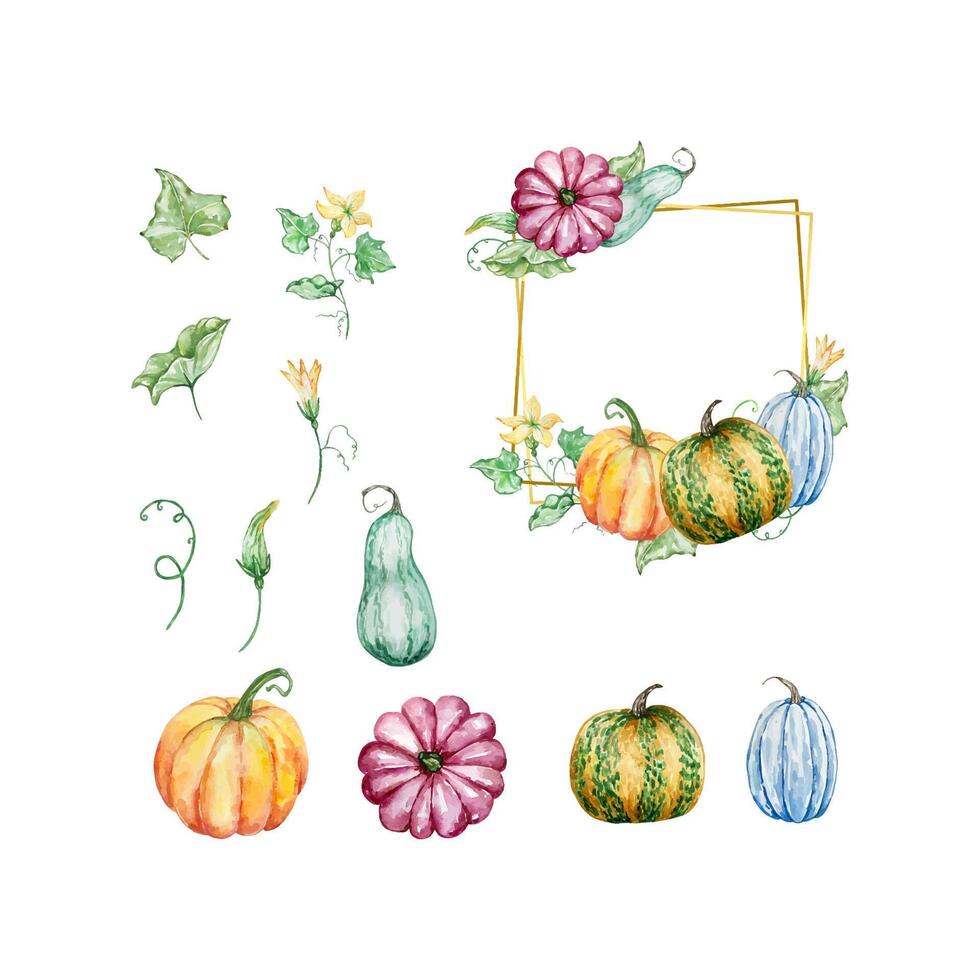 Watercolor autumn gold frame with pumpkins and fall leaves vector
