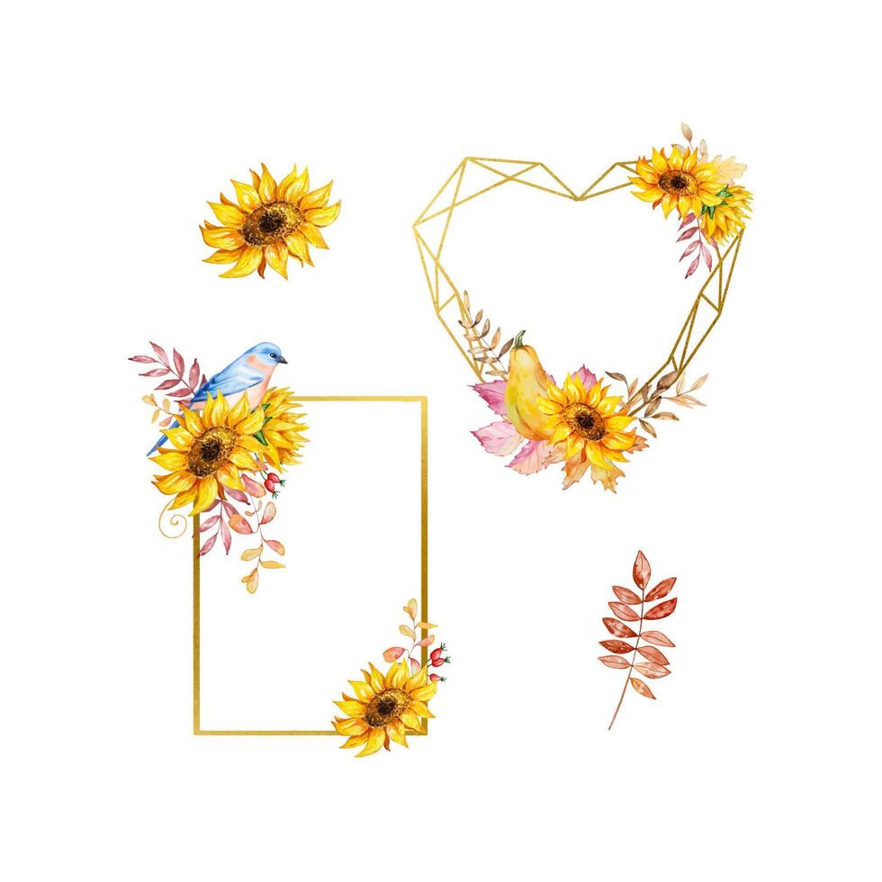 Watercolor autumn gold frames set with sunflowers and fall leave vector