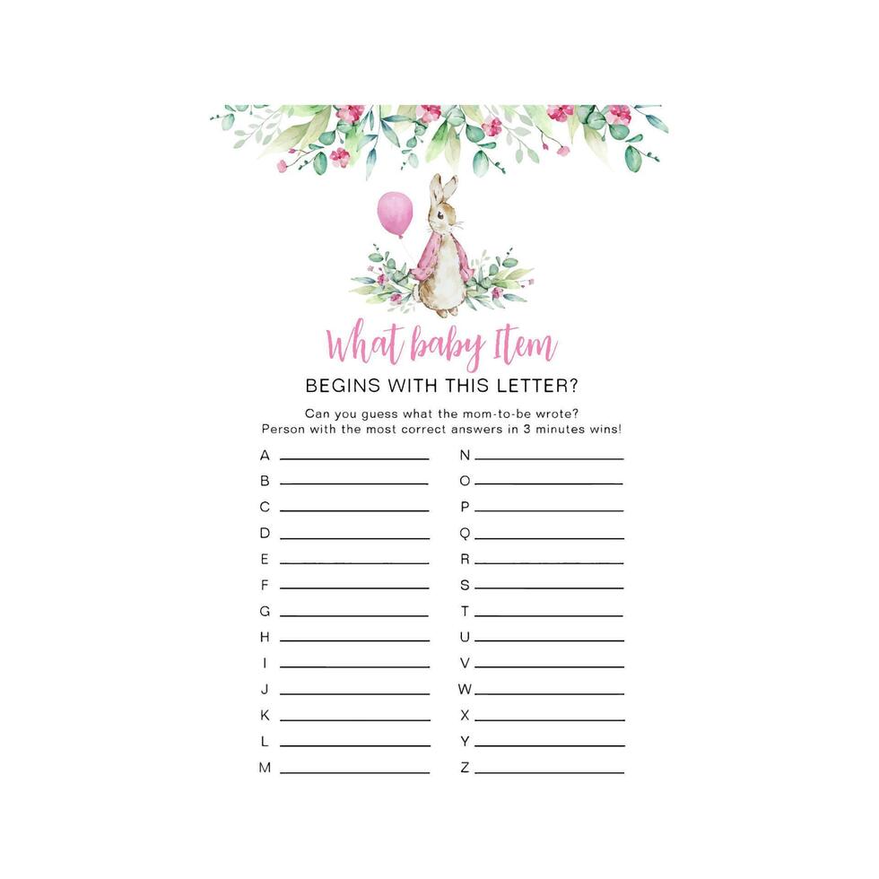 What Baby Item Game card with watercolor pink Peter rabbit vector