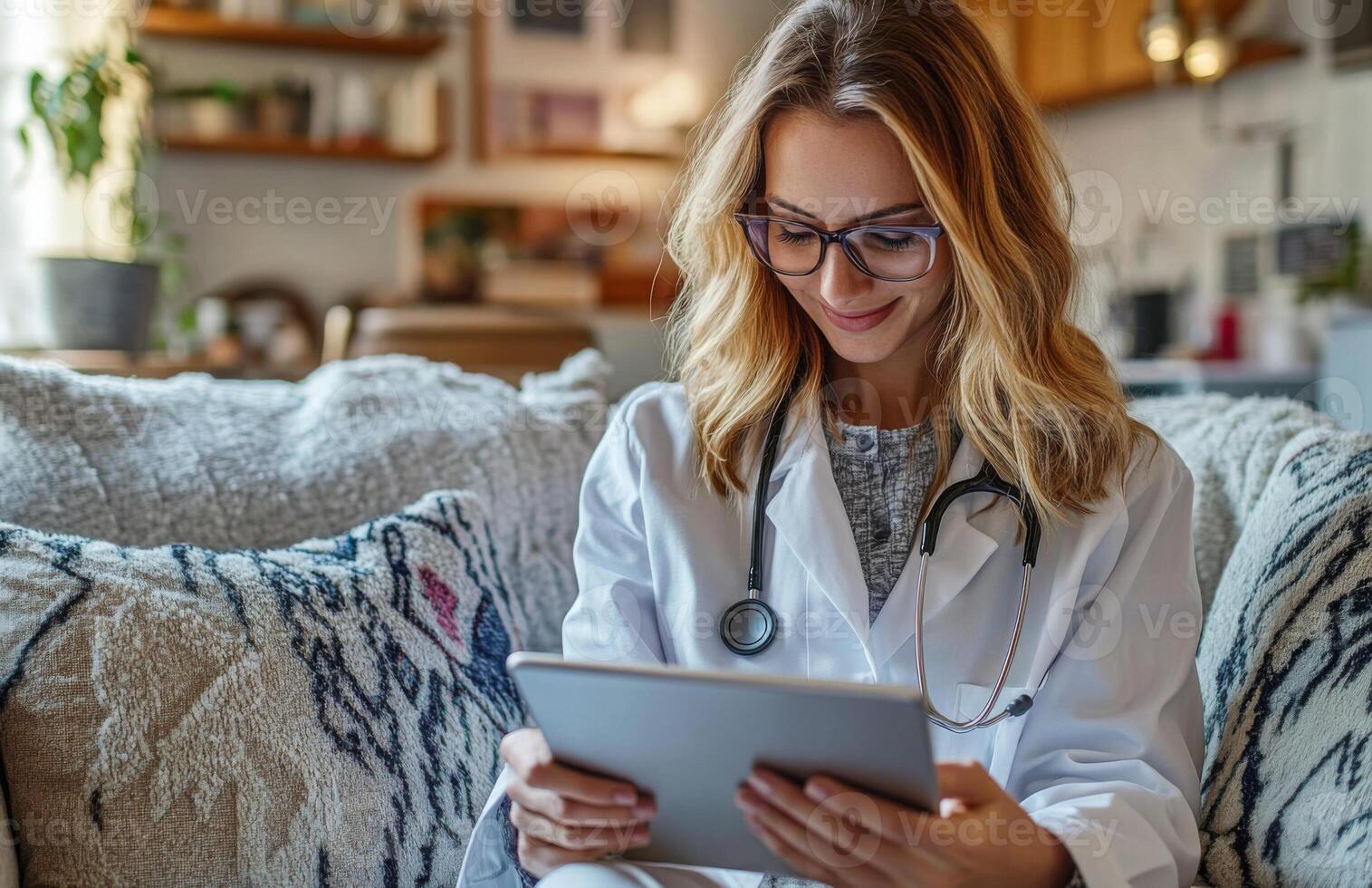 A woman in a doctor's coat is sitting on a couch with a tablet photo