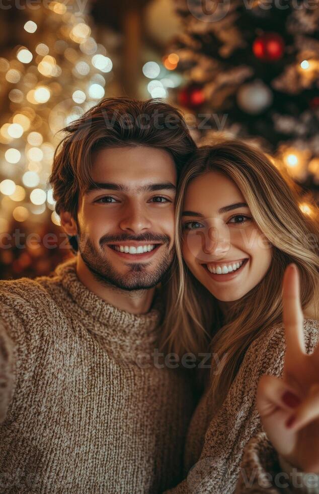 joyful young couple taking a selfie at home, using a smartphone for a call during Christmas photo